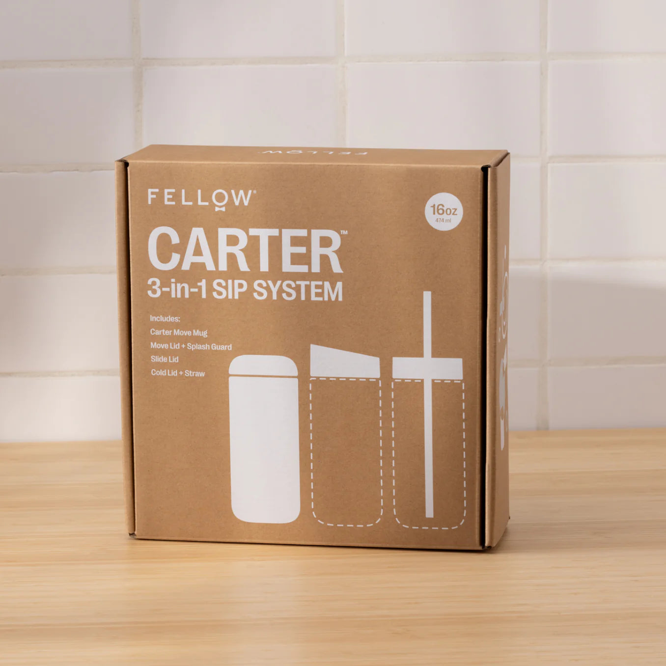 Fellow Carter 3 in 1 Sip System in Matte White, closed box