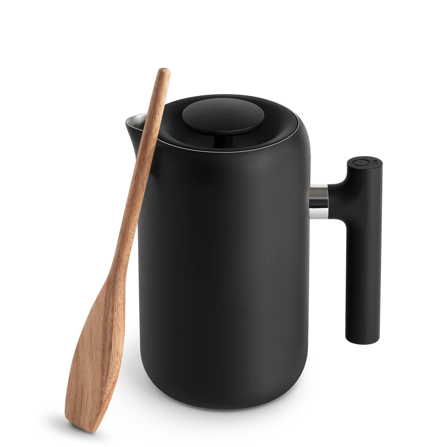 Fellow Clara French Press in Matte Black with wooden spoon