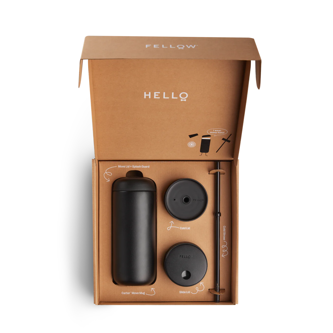 Fellow Carter 3 in 1 Sip System in Matte Black, coffee gear packaging. Top view.