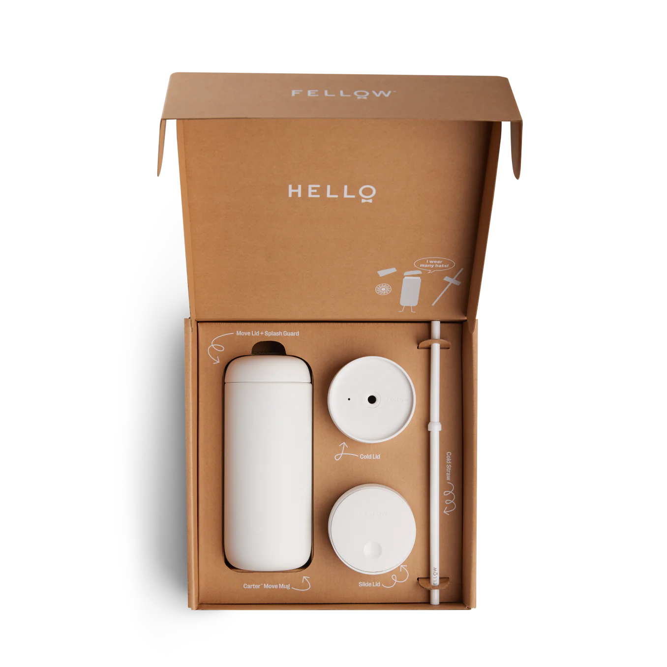 Fellow Carter 3 in 1 Sip System in Matte White, coffee gear packaging, top view