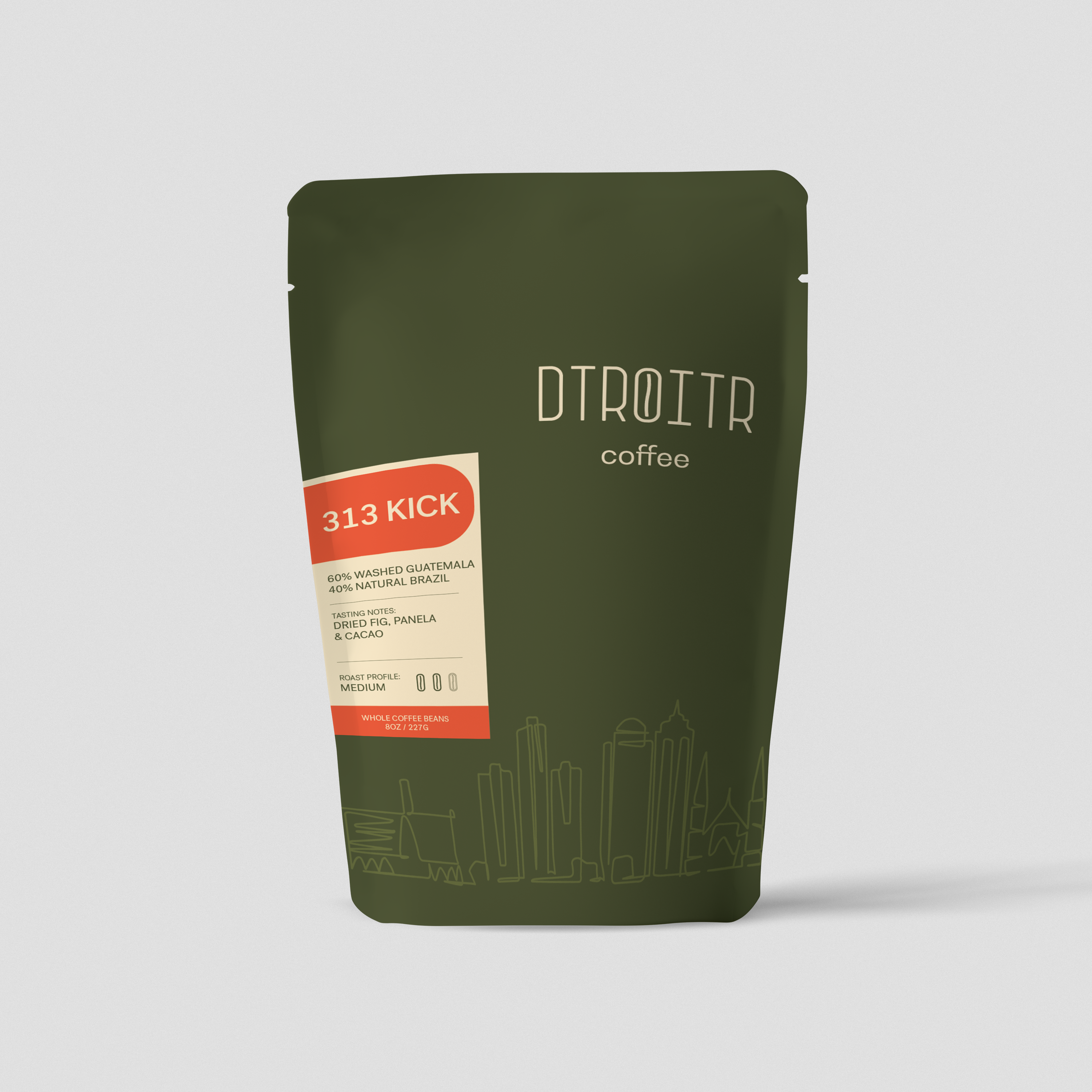 Dtroitr coffee bag, 313 Kick coffee blend. 60% washed Guatemala 40% natural Brazil.