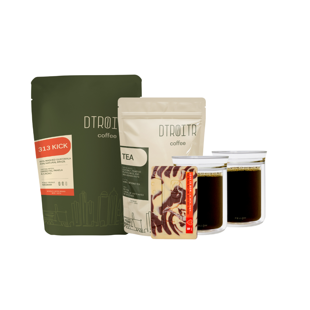 For the coffee connoisseur bundle. Dtroitr coffee bag, dtroitr tea bag, bon bon bon chocolate and fellow tasting glasses. 