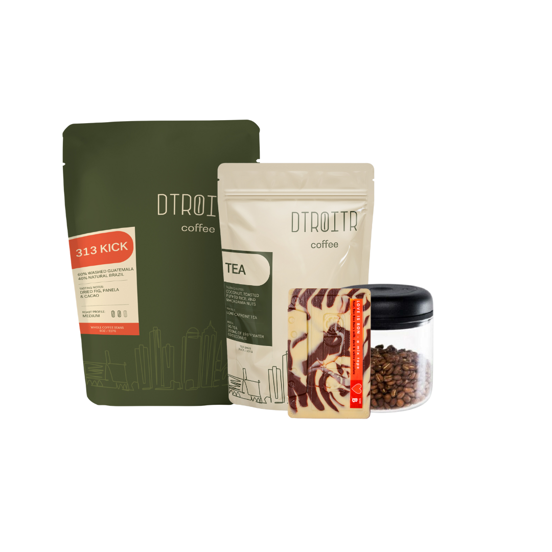 Dtroitr gift bundle featuring dtroitr 313 kick coffee, herbal tea, bonbonbon chocolate and fellow atmos coffee canister