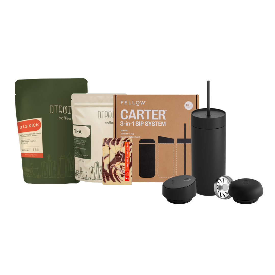 Dtroitr gift bundle featuring dtroitr 313 kick coffee, herbal tea, bonbonbon chocolate and fellow Carter mug 3-in-1 sip system