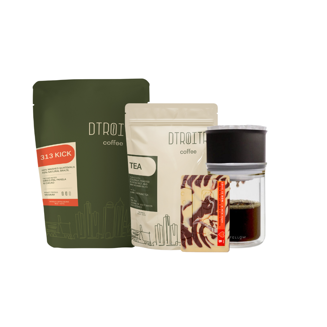 Dtroitr gift bundle featuring dtroitr 313 kick coffee, herbal tea, bonbonbon chocolate and fellow pour over set (dripper, glass and filters)