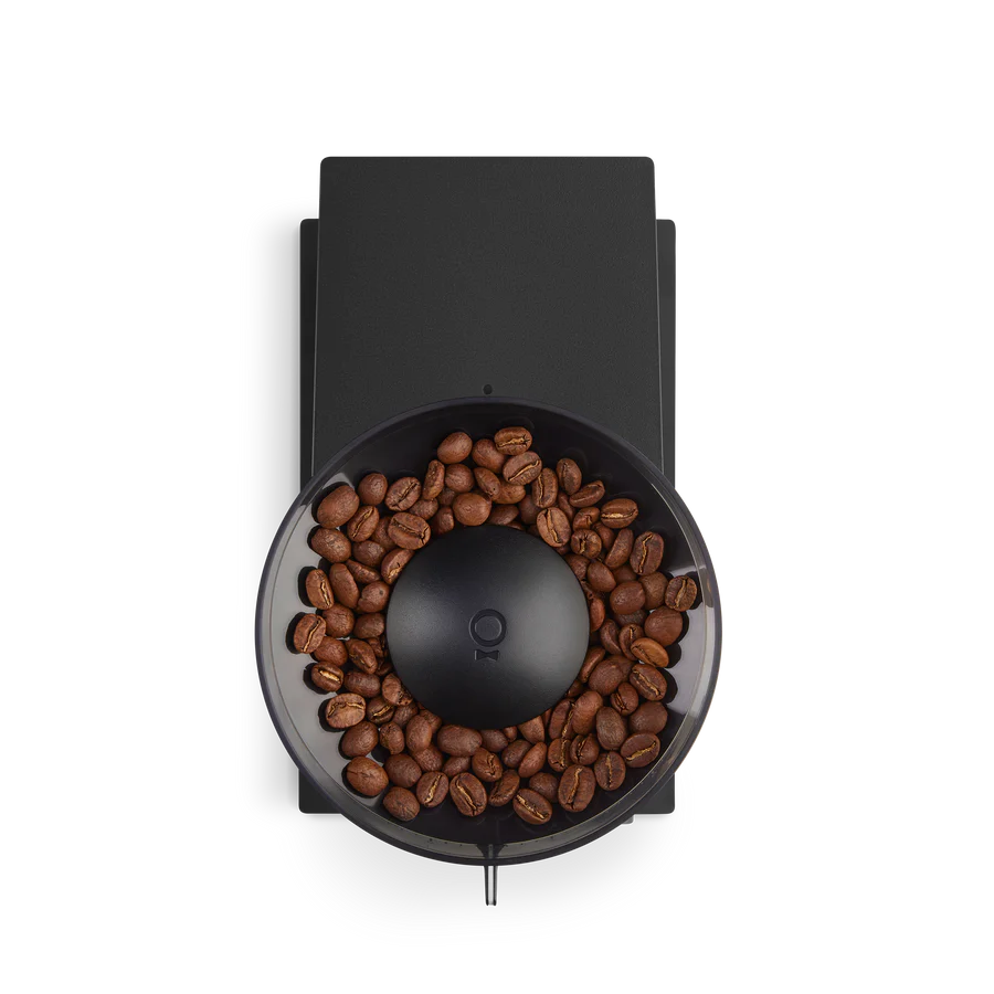 Fellow Opus Conical Burr Coffee Grinder in black, top view 